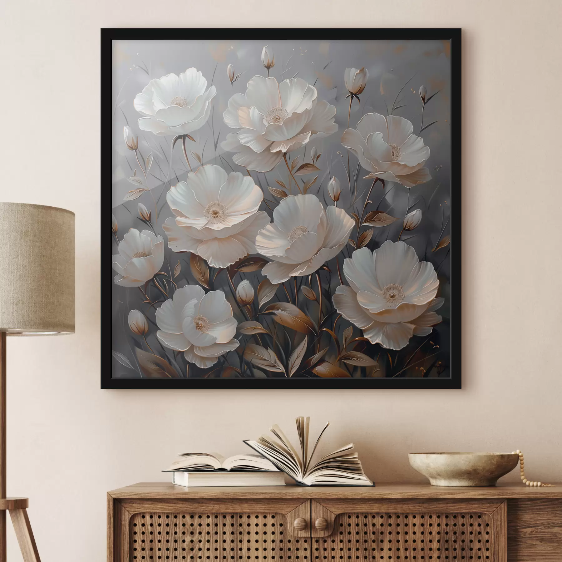 Papier peint Fleurs blanches sur fond gris f39066