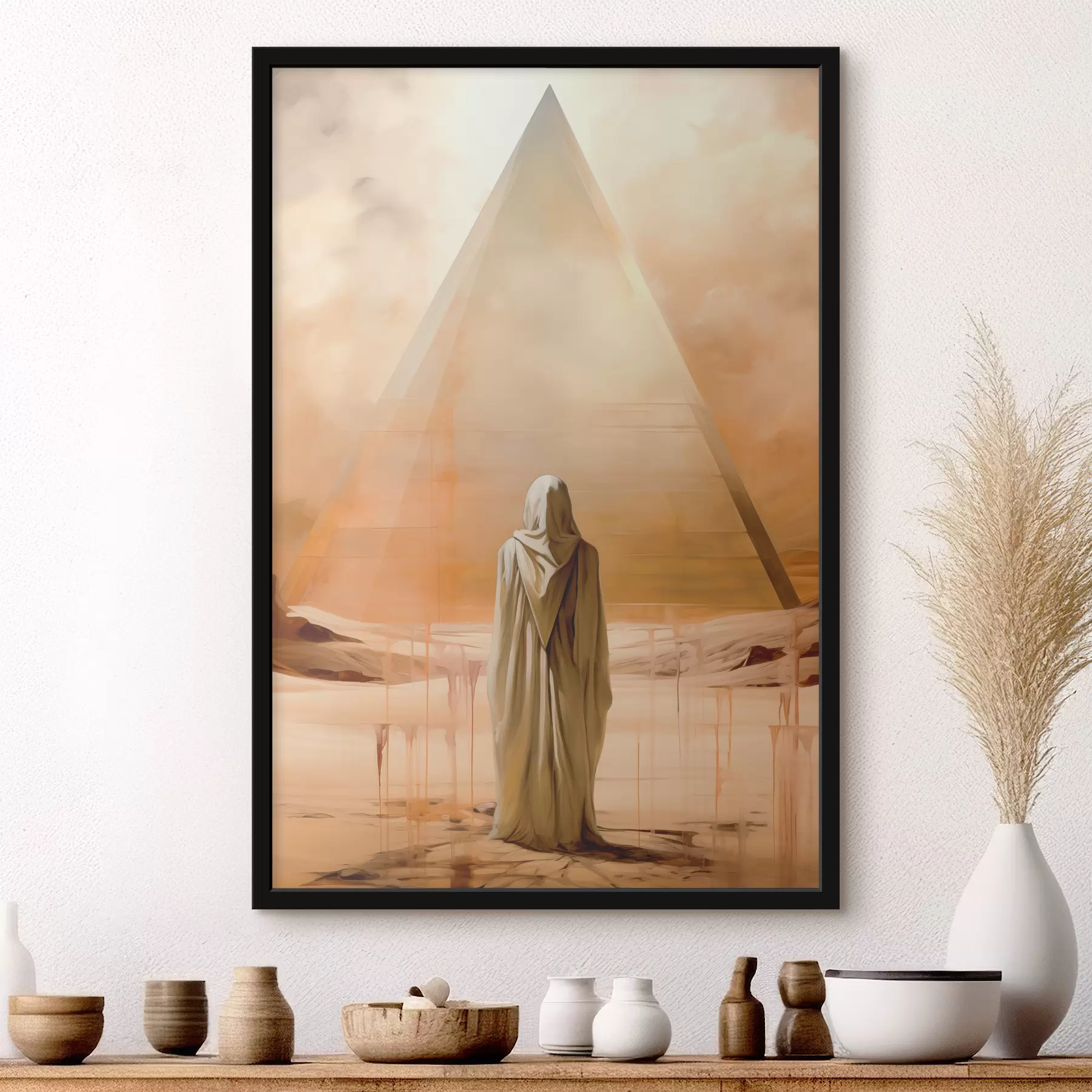 Papier peint Silhouette d'un homme dans un manteau blanc avec une capuche sur fond de pyramide dans le désert f39329