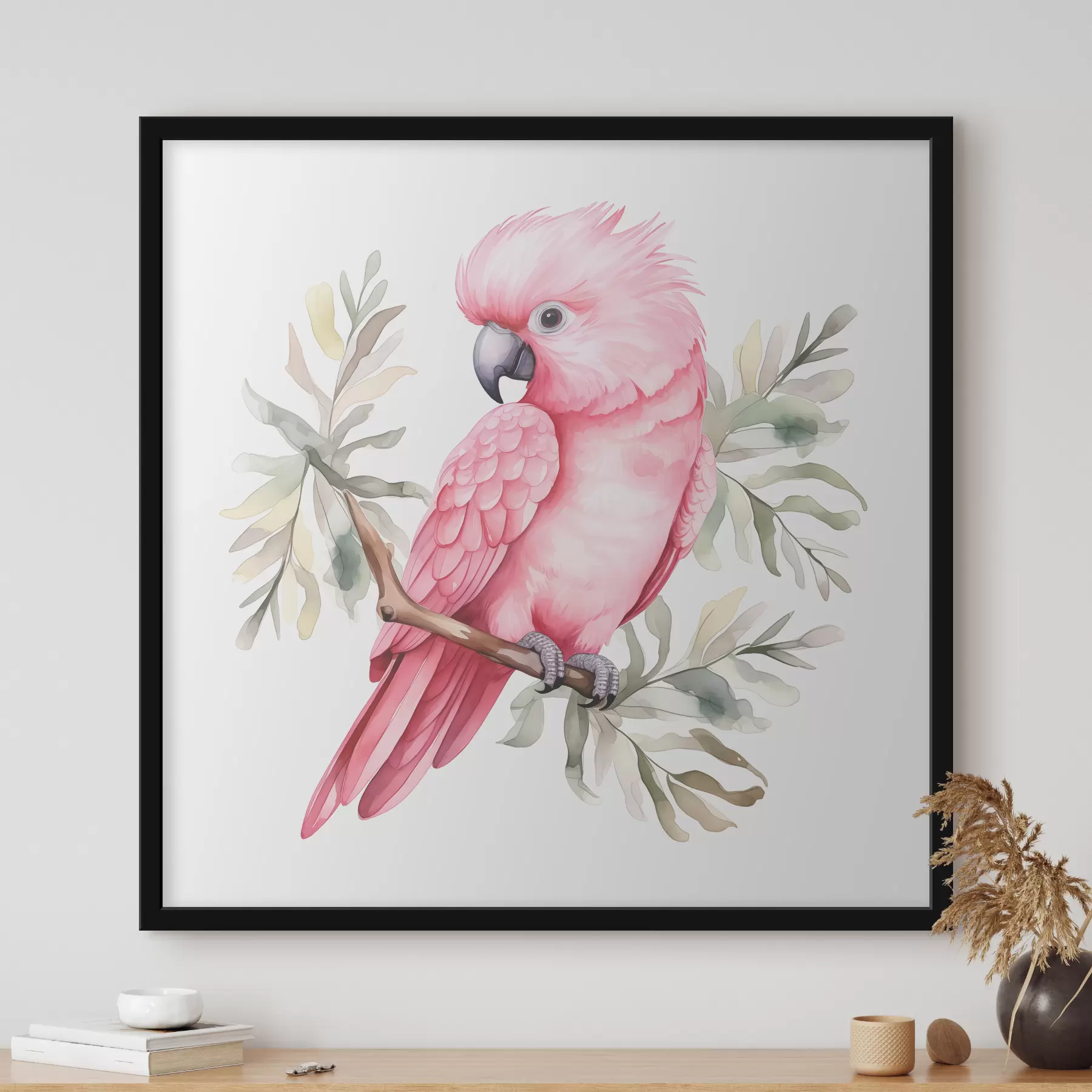 Tableau Un perroquet cacatoès rose assis sur une branche d'aquarelle f39334
