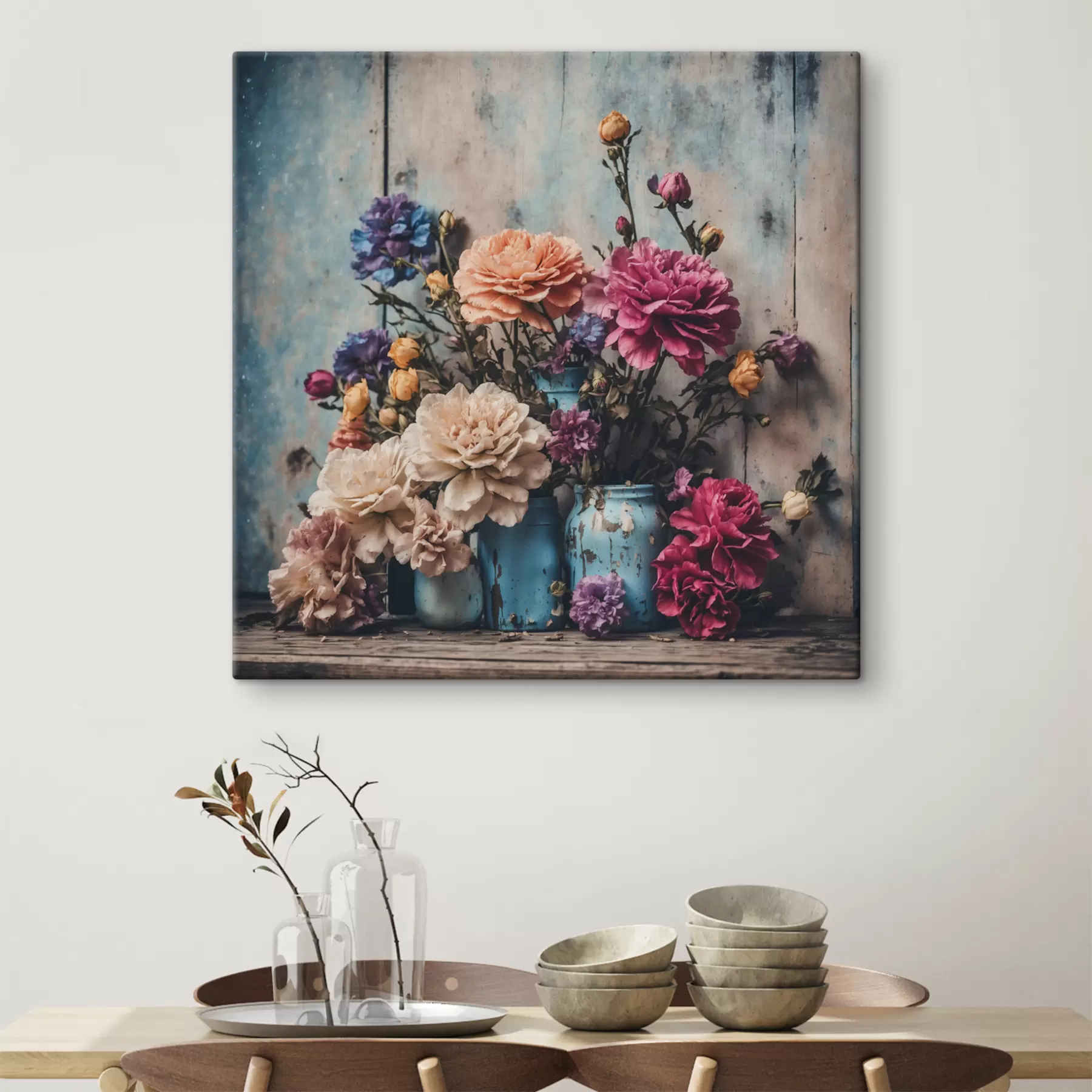 Papier peint Fleurs et feuilles sur fond de mur en bois s39161
