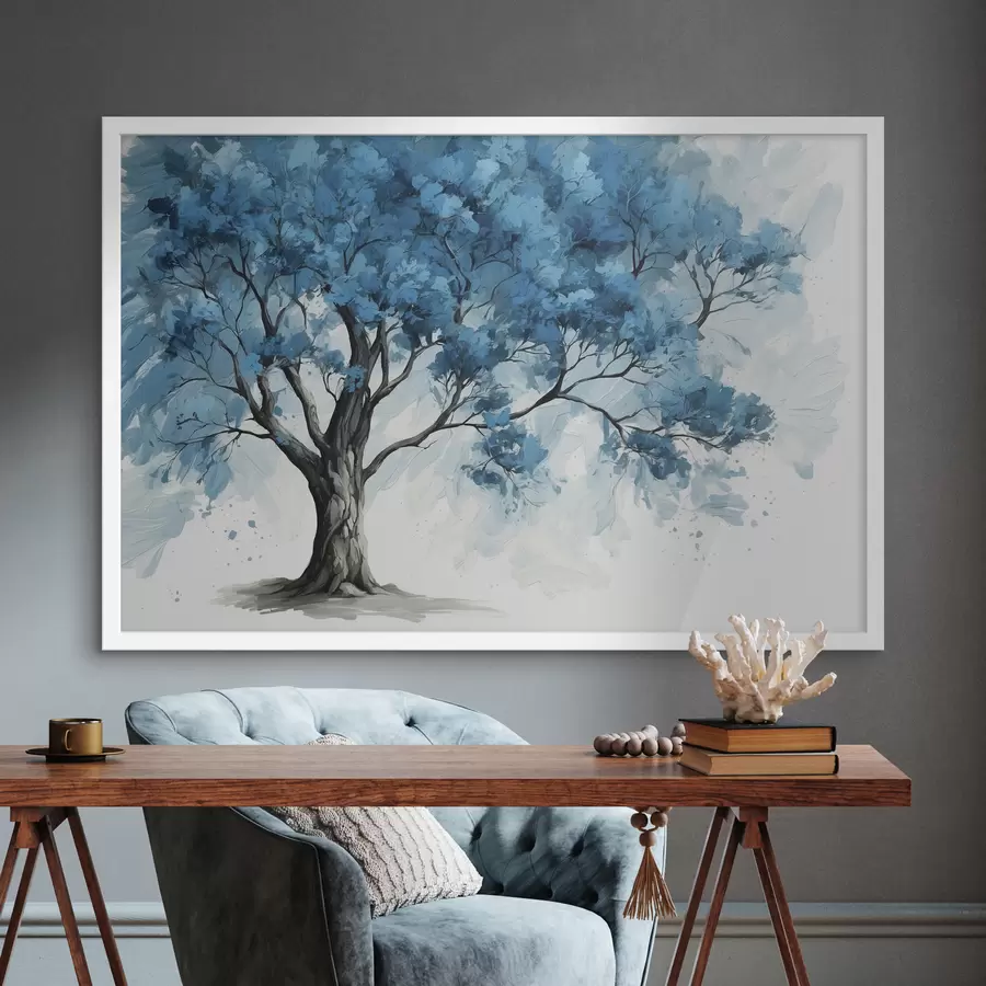 Papier peint Arbre à feuilles bleues sur fond blanc f39153