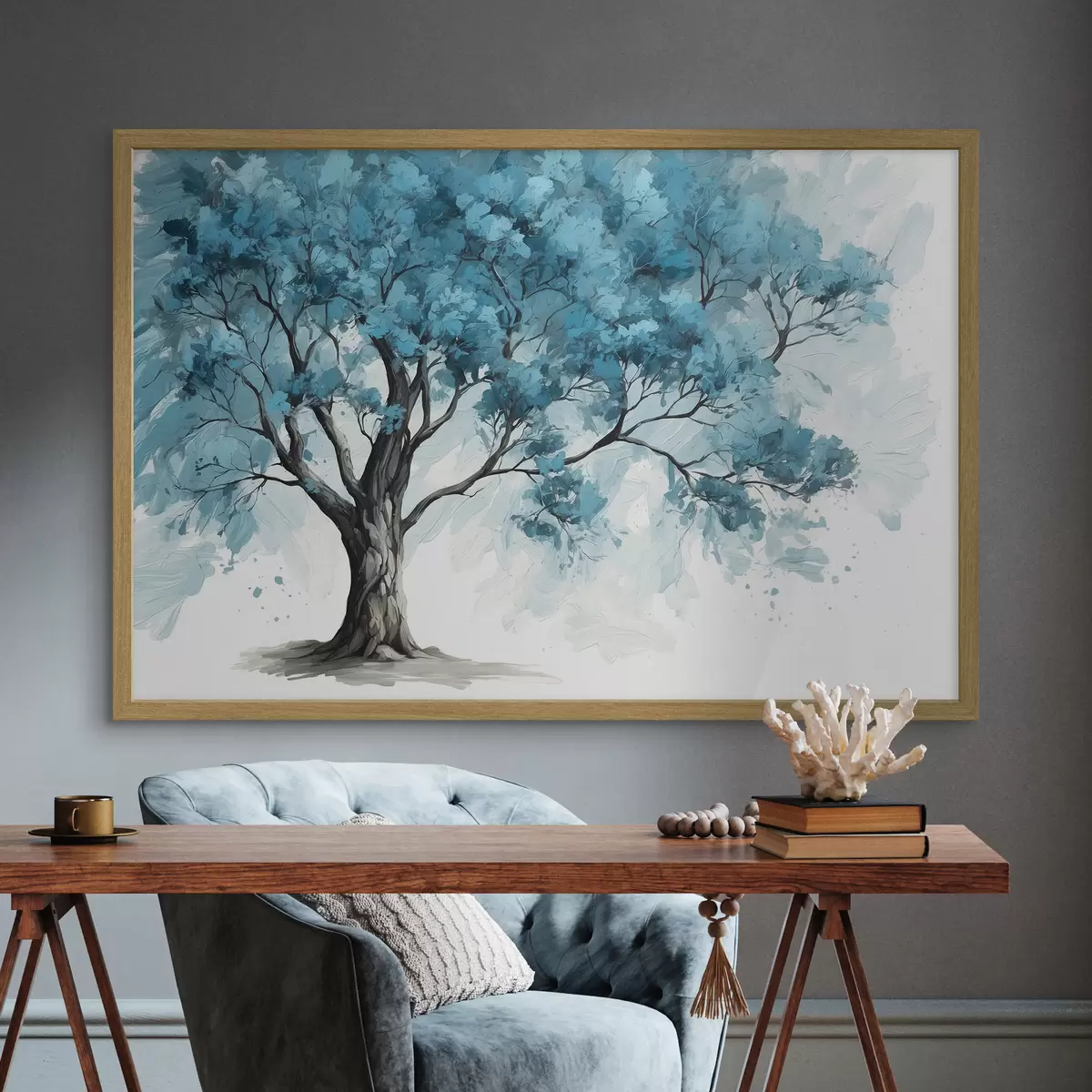 Poster Arbre à feuilles bleues sur fond blanc f39153