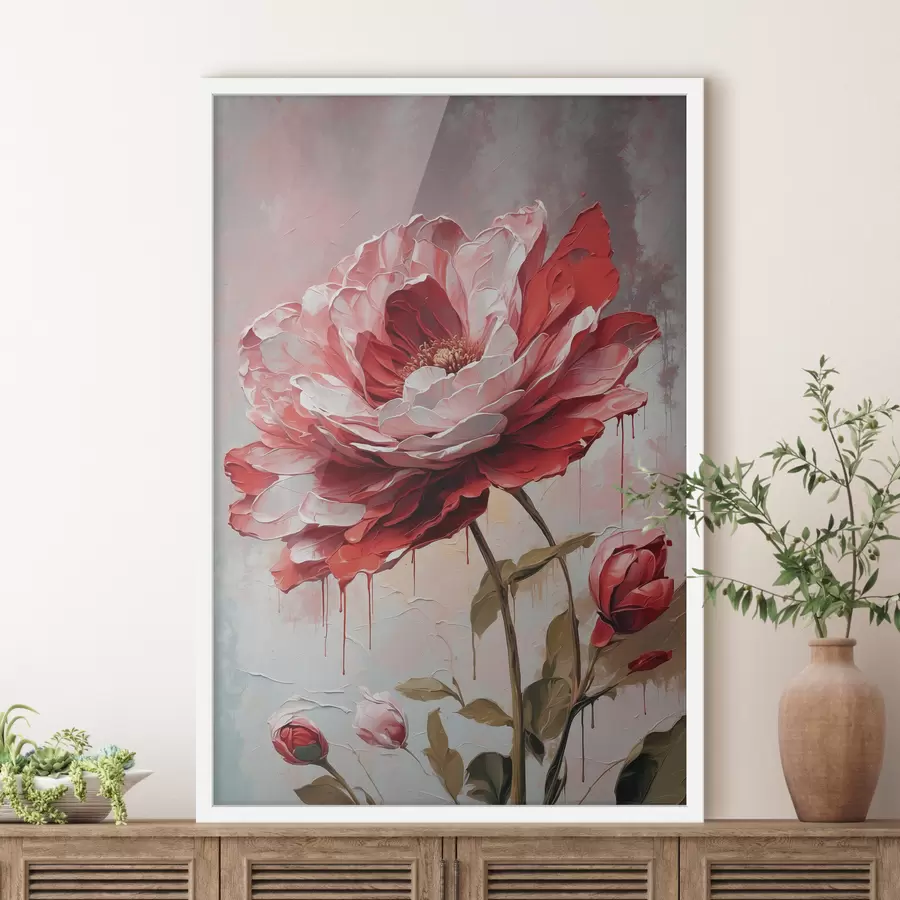 Papier peint Fleur rouge sur fond blanc-gris f39173