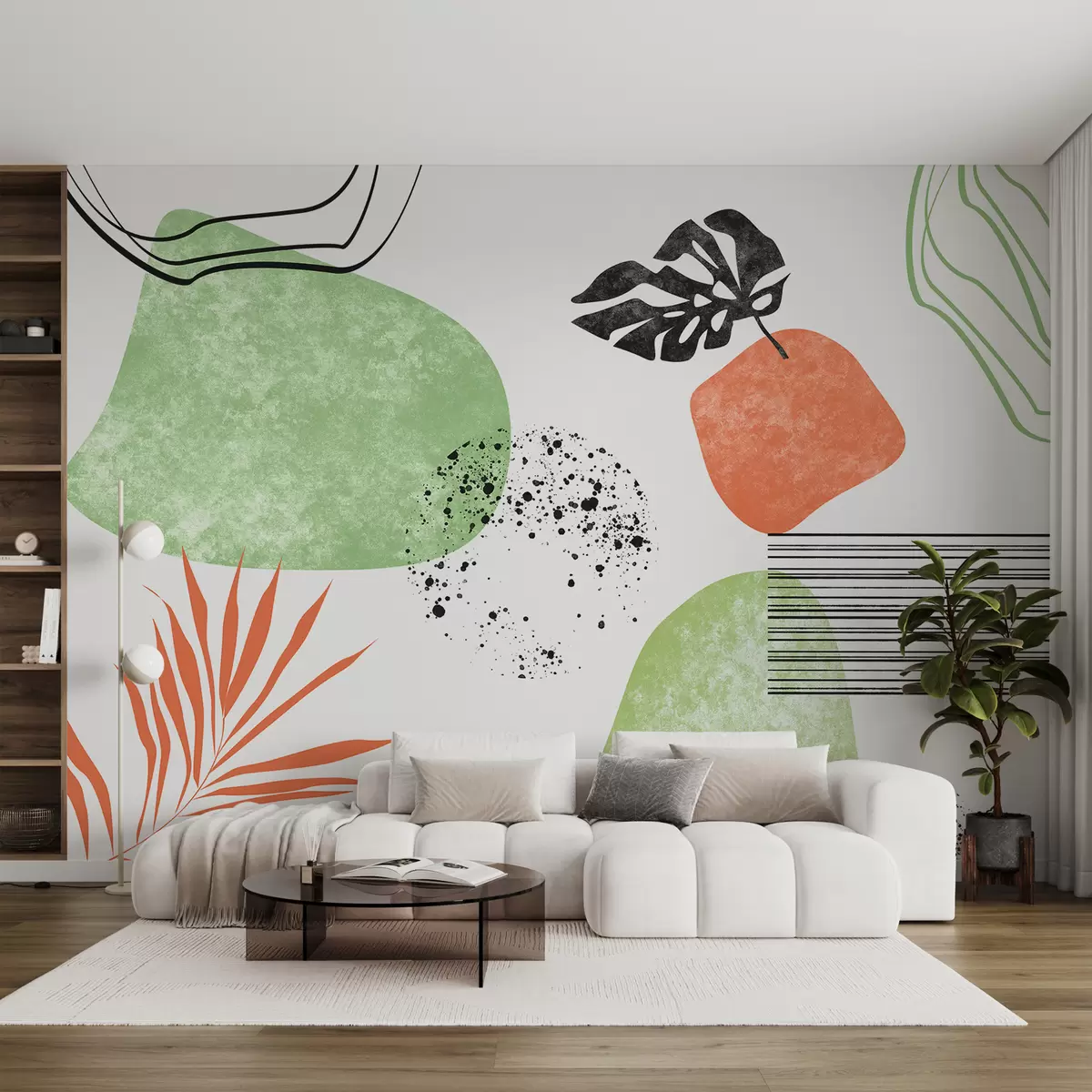 Papier peint Abstraction bohème, taches de texture, lignes courbes, feuilles tropicales, taches d'encre, couleur noir, vert et rouge w01298
