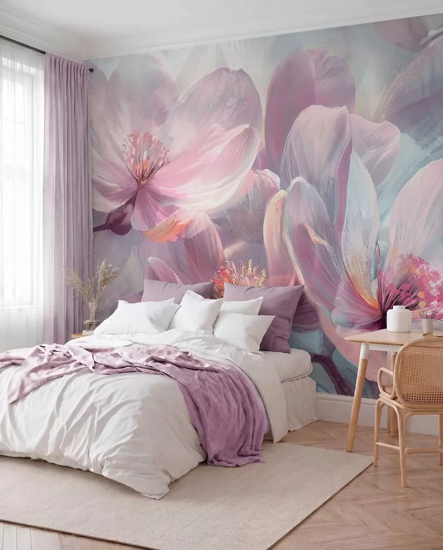 Papier peint Délicates fleurs pastel transparentes rose clair et blanches avec un arrière-plan doux et flou w01307
