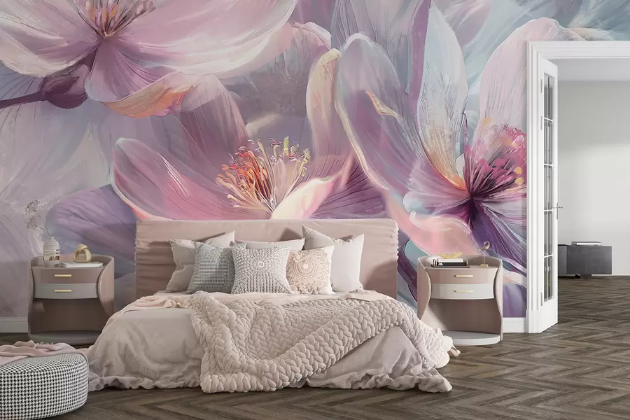 Papier peint Délicates fleurs pastel transparentes rose clair et blanches avec un arrière-plan doux et flou w01307