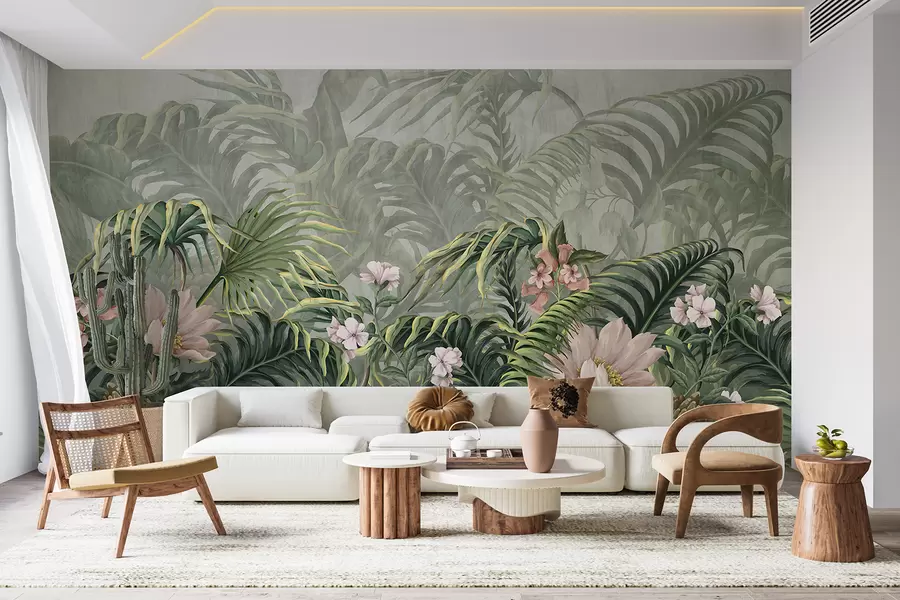 Papier peint Une jungle tropicale luxuriante, des feuilles de palmier vertes et des fougères au premier plan avec des fleurs  w01309