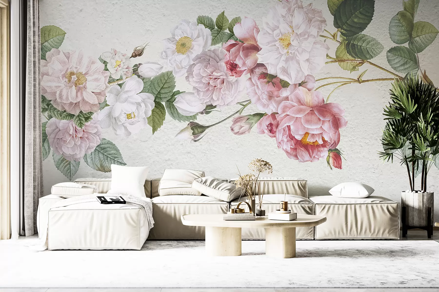 Papier peint Roses pastel rose tendre et blanches avec des feuilles vertes sur fond clair w01310