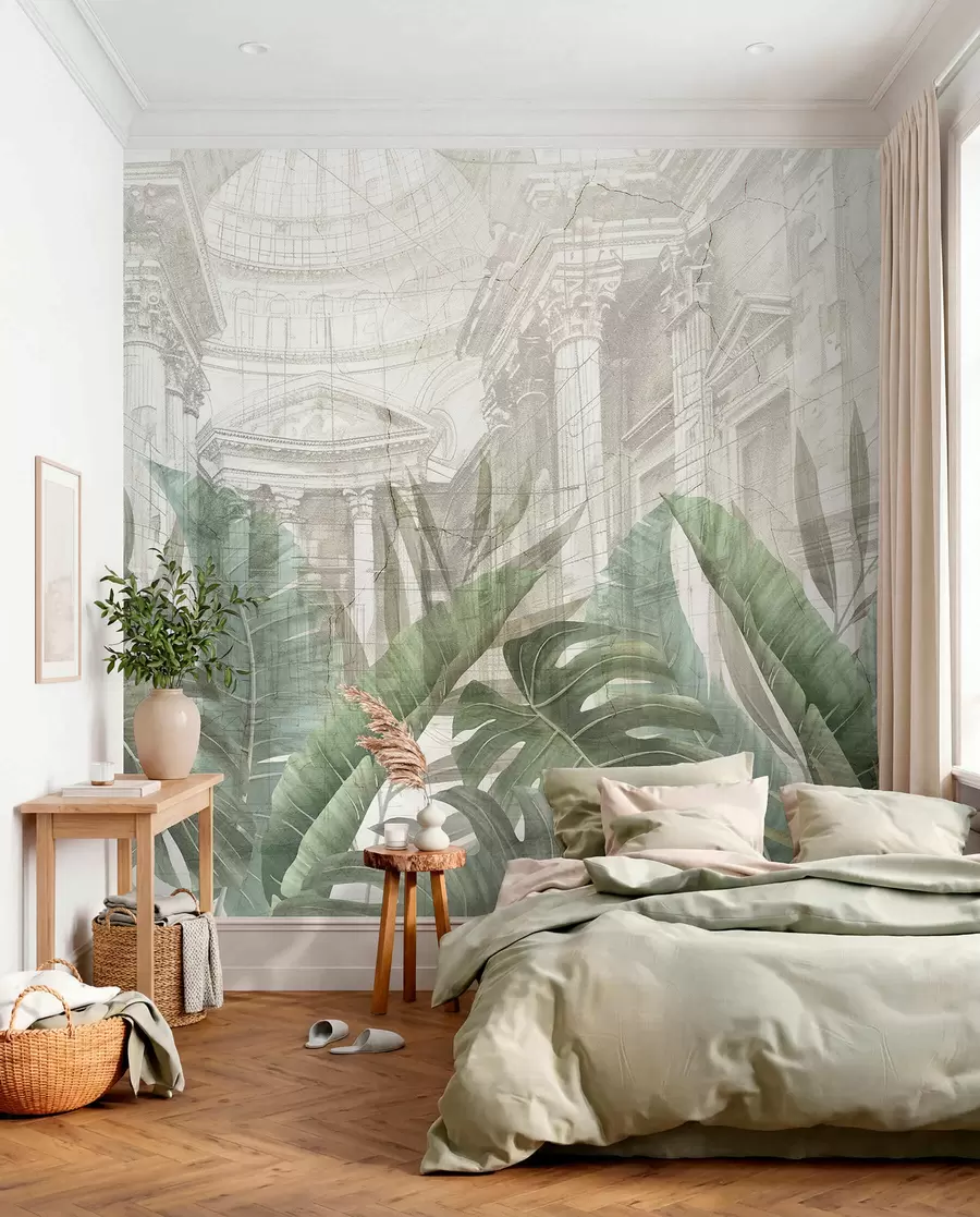 Papier peint Un grand dessin de colonnes architecturales en marbre ornées et de plantes vertes tropicales luxuriantes  w01311