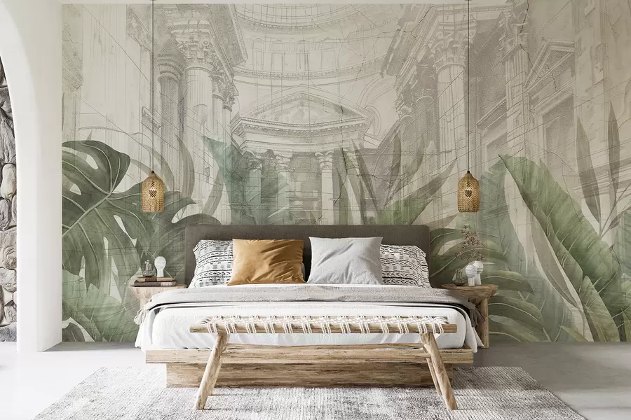 Papier peint Un grand dessin de colonnes architecturales en marbre ornées et de plantes vertes tropicales luxuriantes  w01311