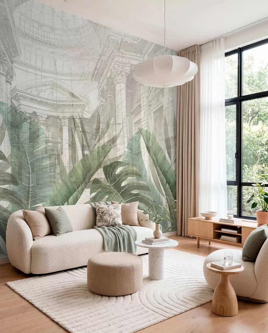 Papier peint Un grand dessin de colonnes architecturales en marbre ornées et de plantes vertes tropicales luxuriantes  w01311