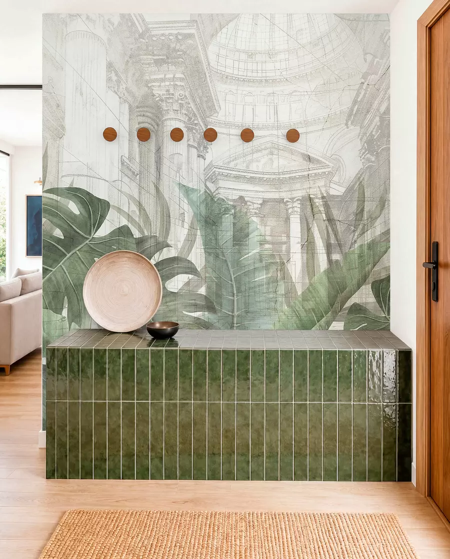 Papier peint Un grand dessin de colonnes architecturales en marbre ornées et de plantes vertes tropicales luxuriantes  w01311