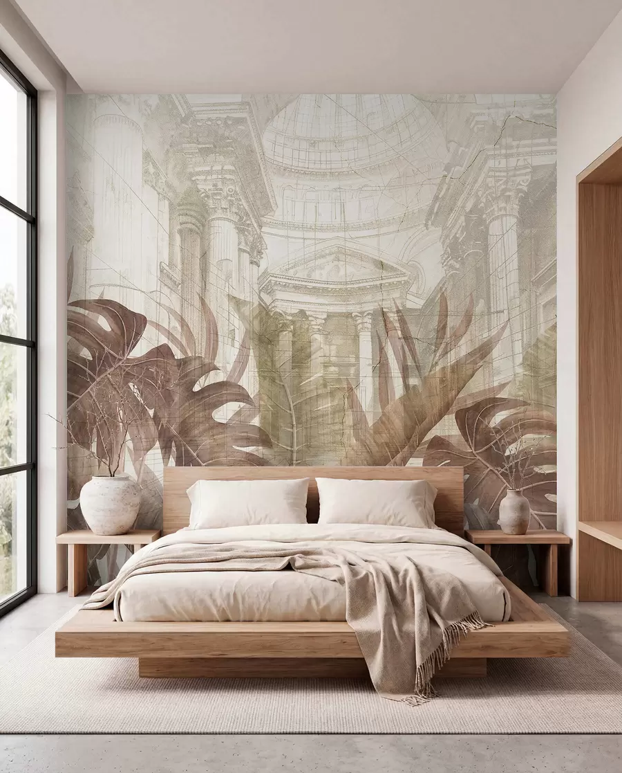 Papier peint Un grand dessin de colonnes architecturales en marbre ornées et de plantes tropicales sépia luxuriantes  w01311v1
