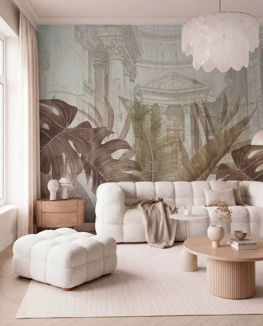 Papier peint Un grand dessin de colonnes architecturales en marbre ornées et de plantes tropicales sépia luxuriantes  w01311v1