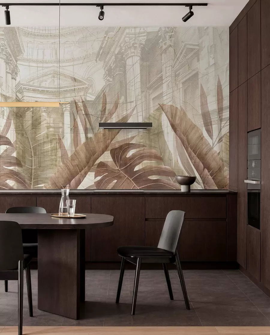 Papier peint Un grand dessin de colonnes architecturales en marbre ornées et de plantes tropicales sépia luxuriantes  w01311v1