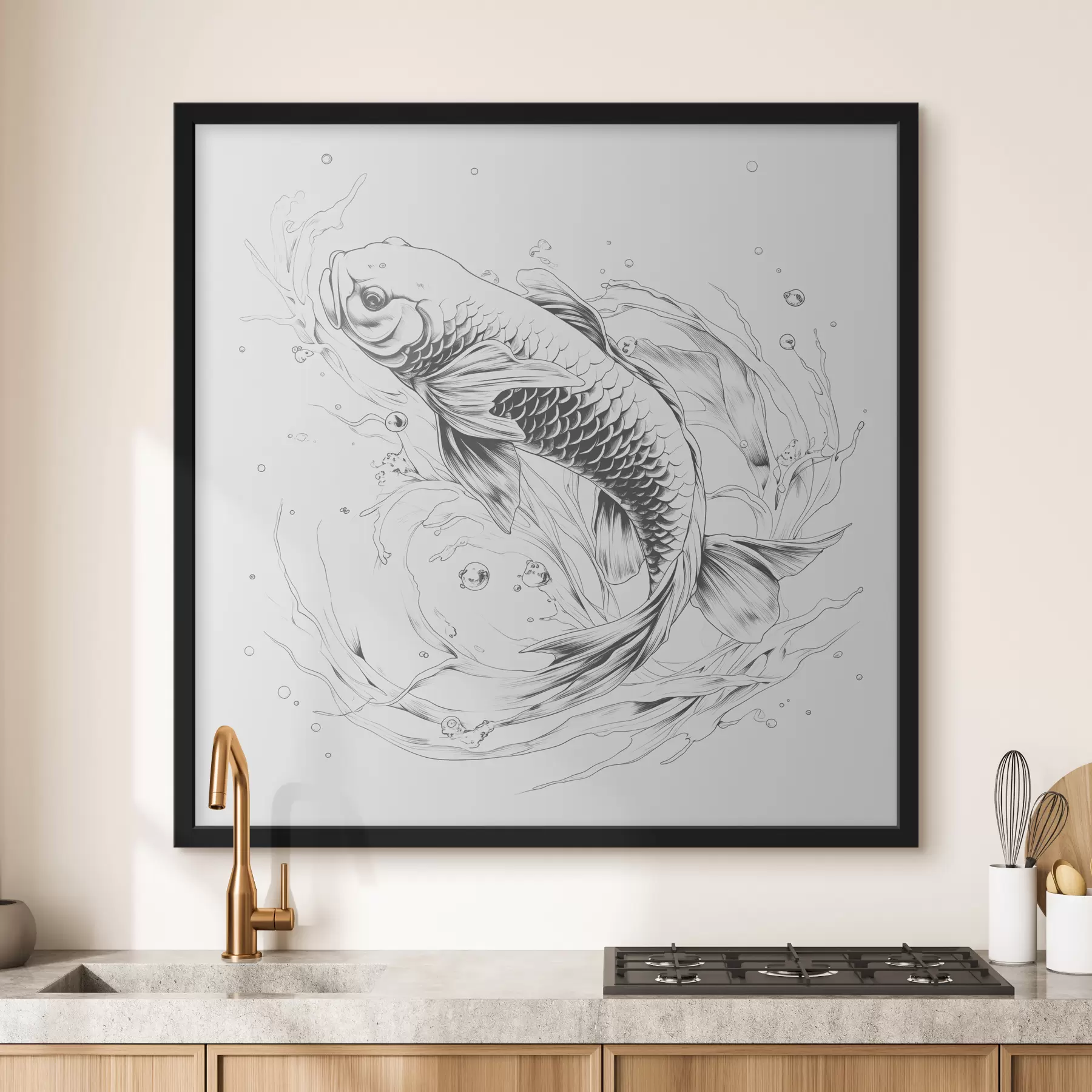 Tableau Dessin au trait monochrome d'un poisson Koi f39433