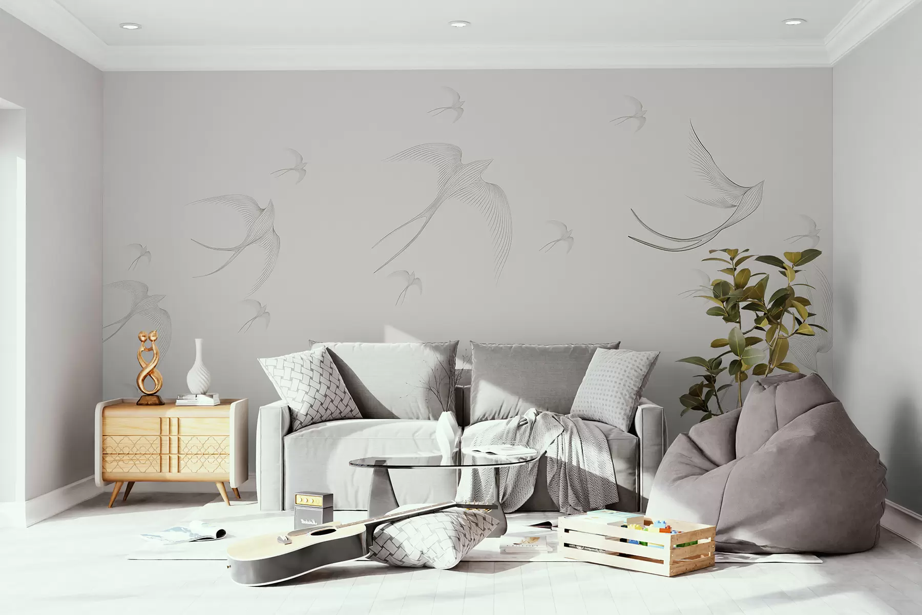 Papier peint Hirondelles linéaires sur fond beige w01264v1