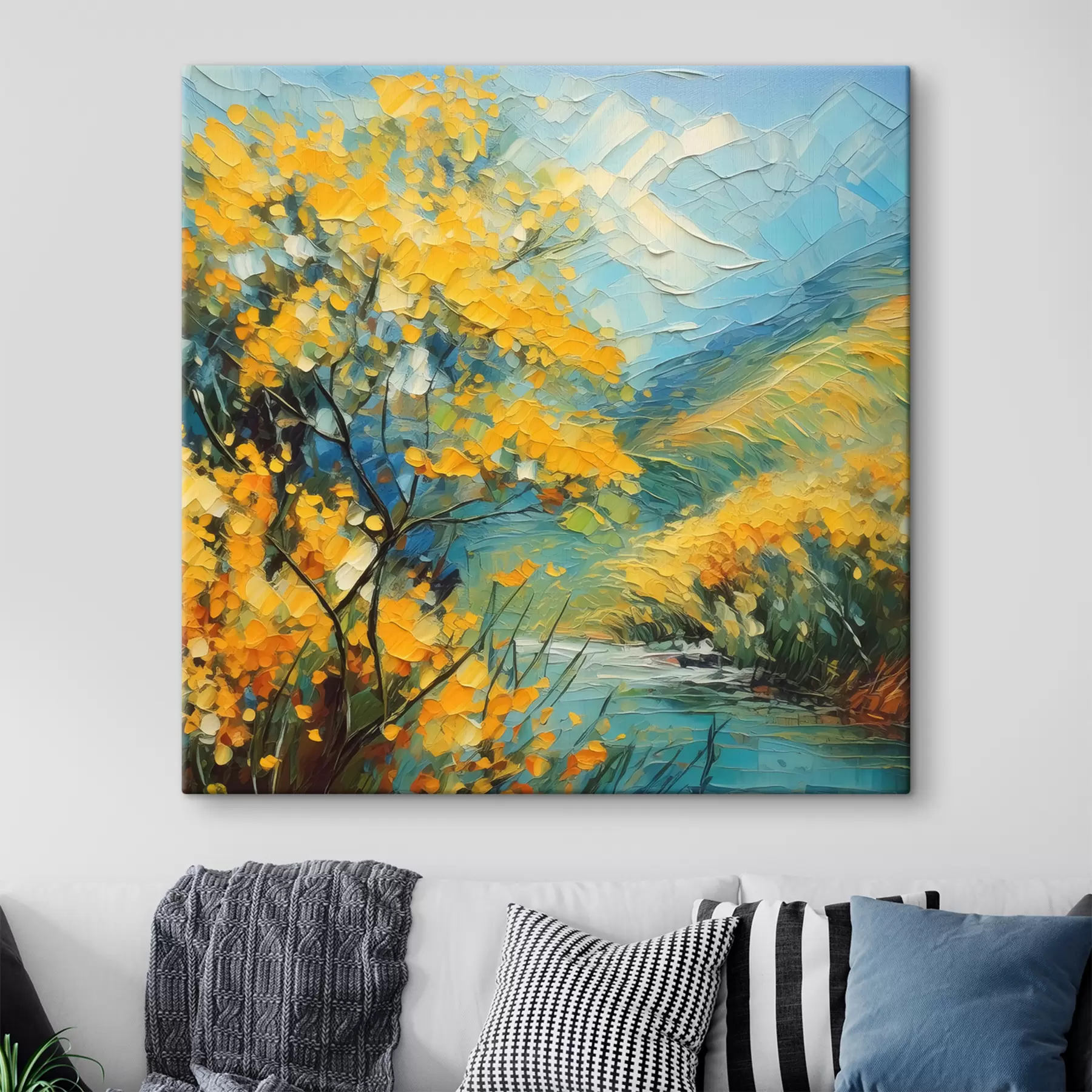 Papier peint Arbre à fleurs jaunes, paysage naturel, peinture à l'huile, coups de pinceau vifs, été s39415