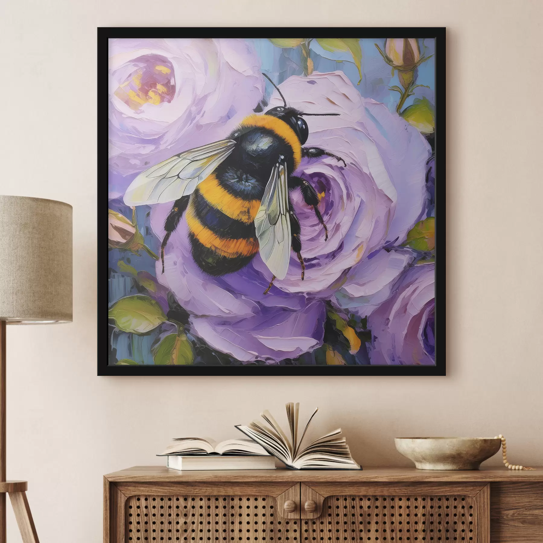 Papier peint Abeille sur pivoines roses, fleurs d'été, peinture à l'huile, coups de pinceau vifs f39410
