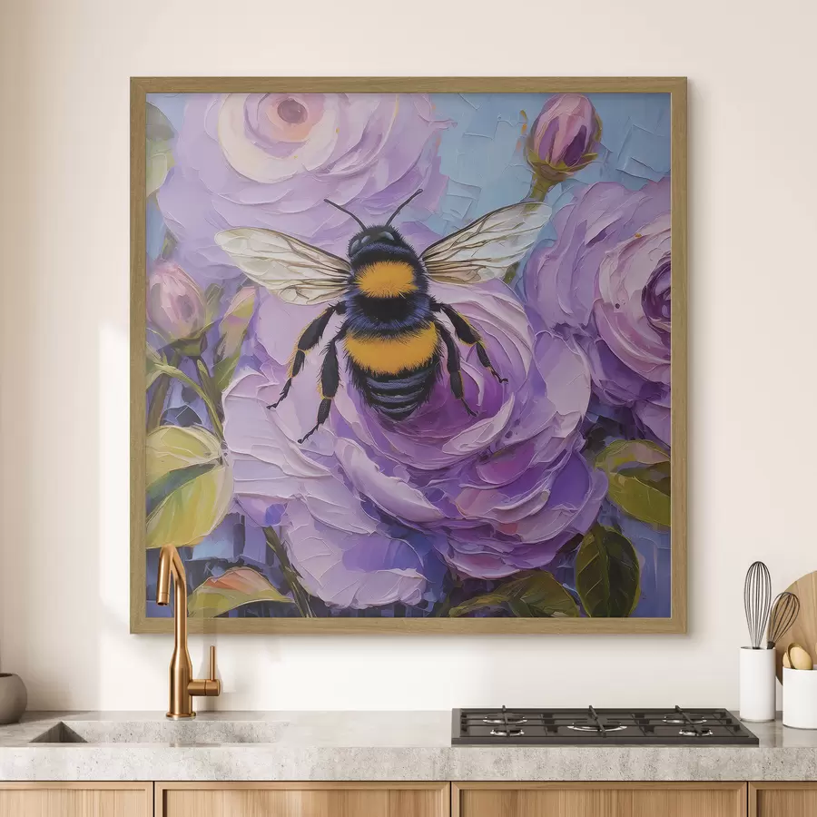Papier peint Abeille sur pivoines roses, fleurs d'été colorées, peinture à l'huile, coups de pinceau vifs f39411