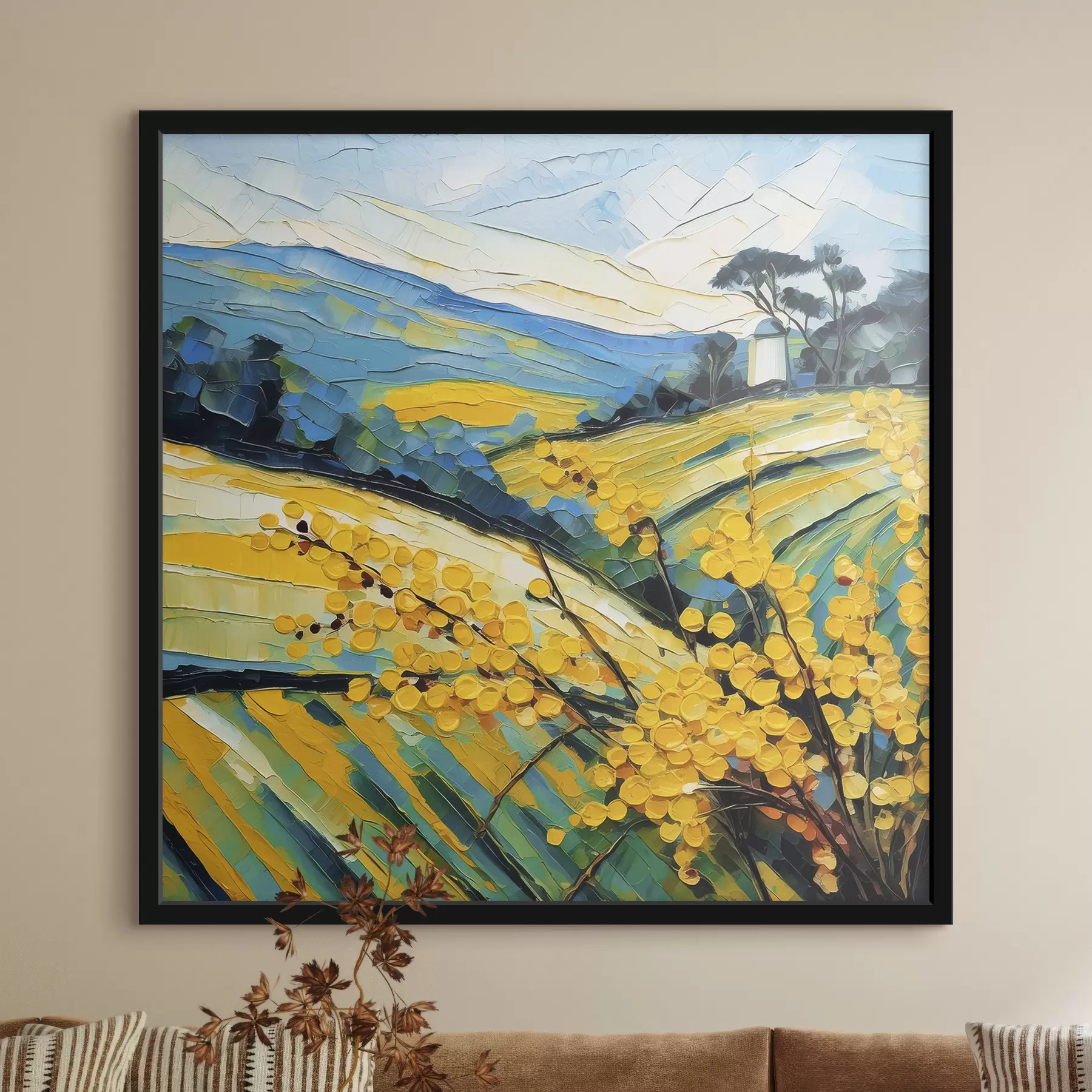 Tableau Paysage naturel, champs d'été, arbre à fleurs jaunes, peinture à l'huile, coups de pinceau vifs f39417