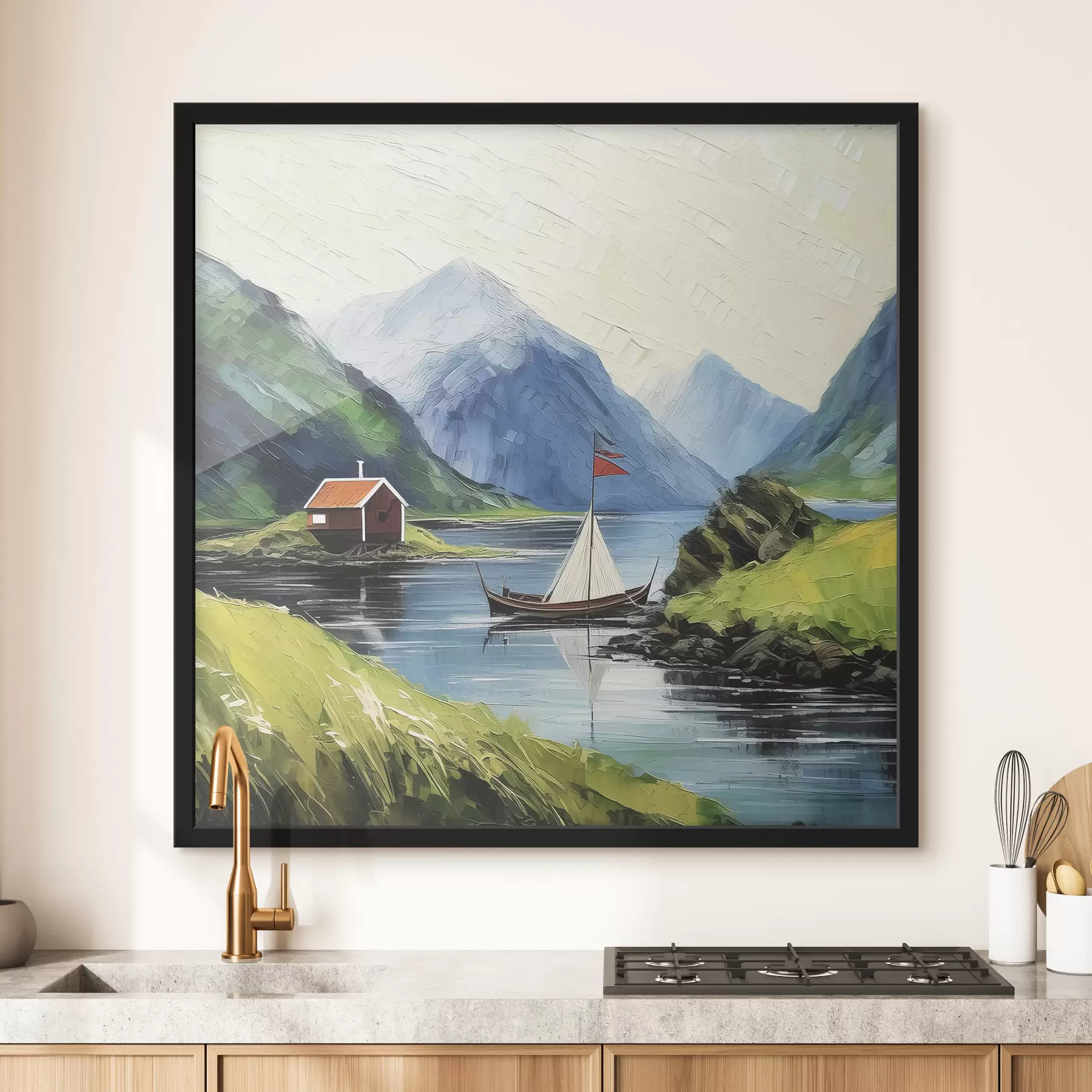 Tableau Paysage d'été des Lofoten, mer nordique, yacht, montagnes, petite maison, nature, art acrylique f39421