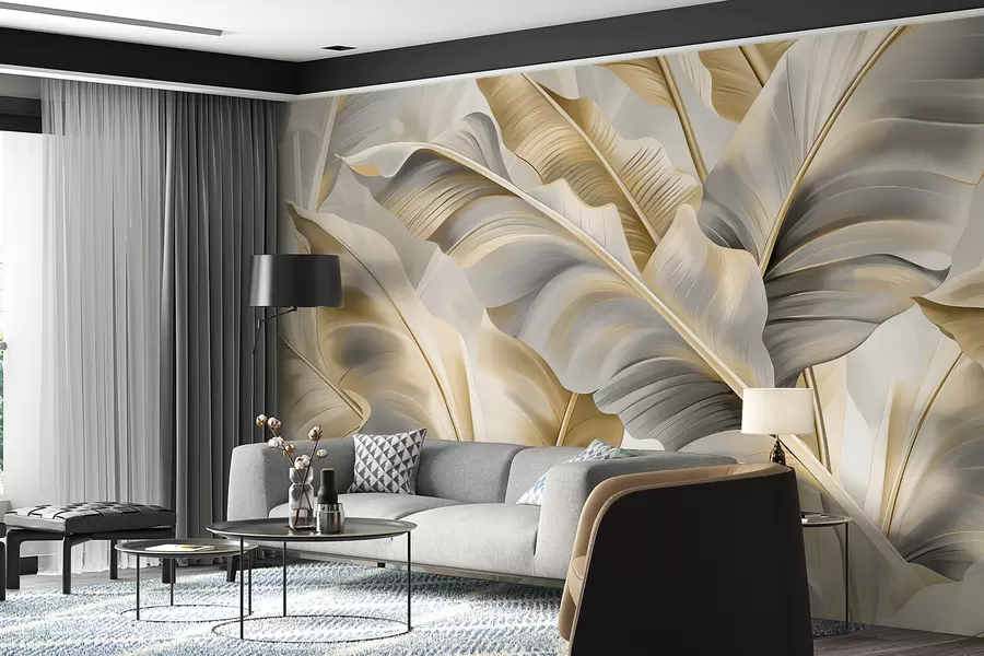 Papier peint grandes feuilles de bananier luxueuses dans des tons gris-beige w07876