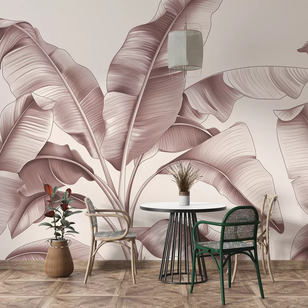Papier peint grandes feuilles de bananier dessinées en rose pastel w07877v1