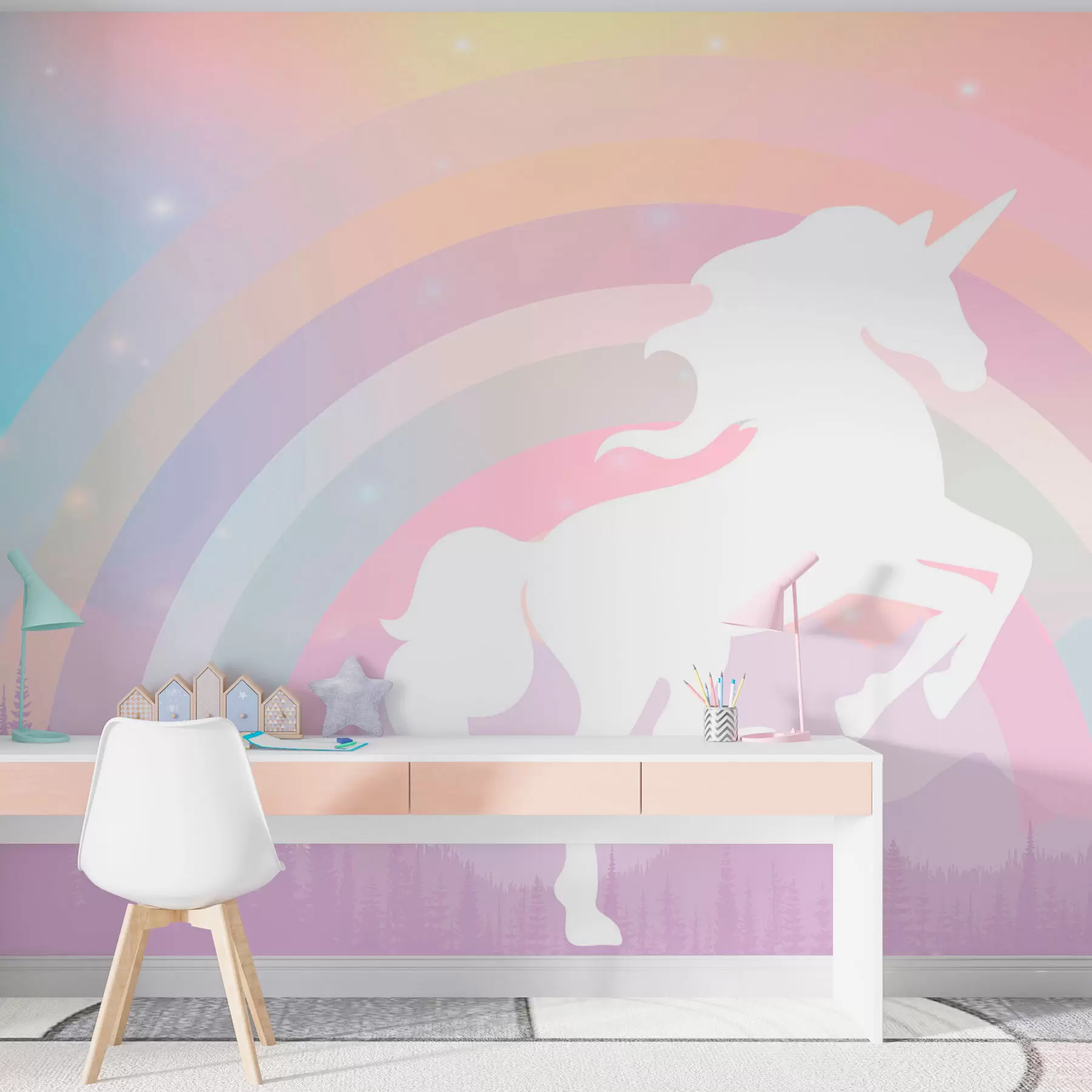 Papier peint Silhouette de poney et style scandinave de fond coloré pour les filles w07912