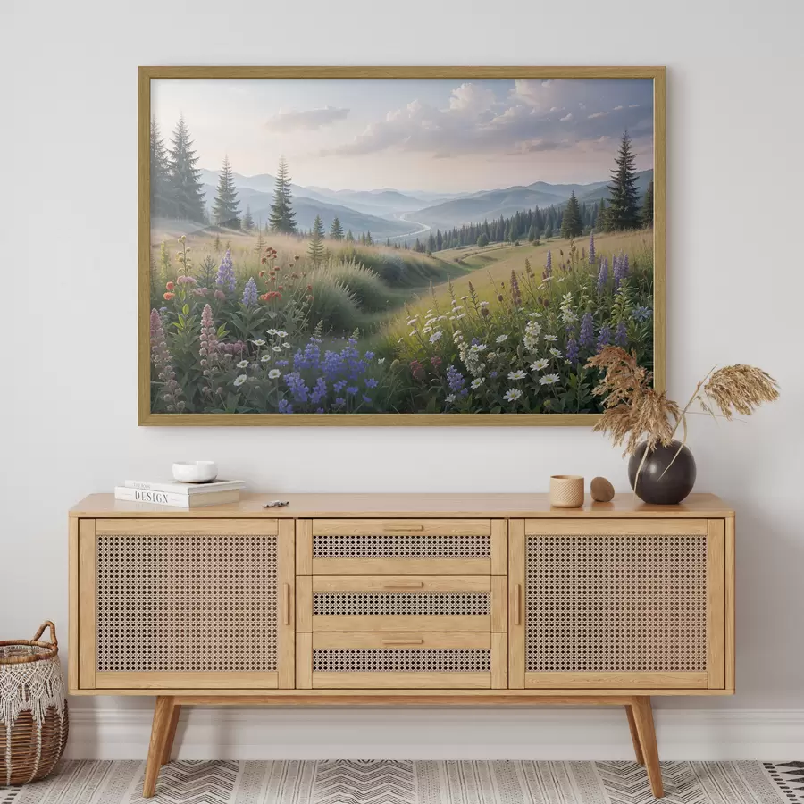 Papier peint Paysage de montagne avec une prairie herbeuse au premier plan remplie de fleurs sauvages colorées f39382