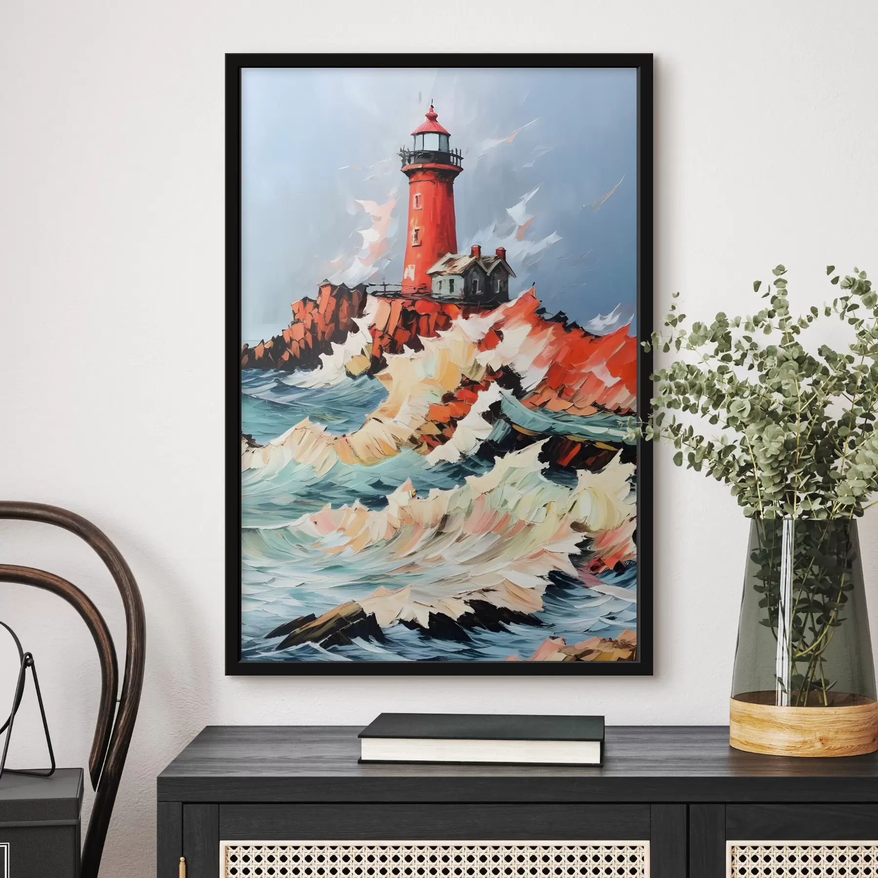 Papier peint Peinture d'un phare rouge debout sur une falaise rocheuse, entouré de vagues déferlantes et d'un ciel d'orage f39392