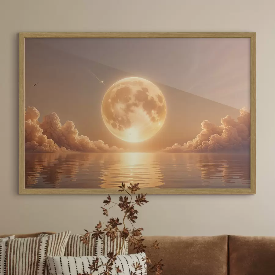 Papier peint Une grande et lumineuse pleine lune se levant sur un océan calme et réfléchissant au coucher du soleil f39403