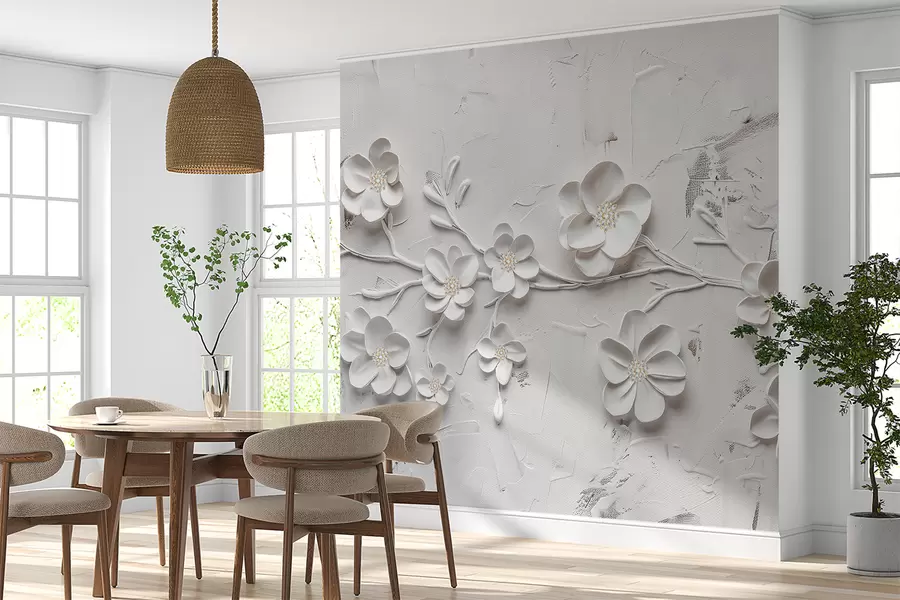 Papier peint Fond texturé blanc avec des fleurs blanches 3D en pleine floraison, reliées par des branches, minimaliste et élégante w01226