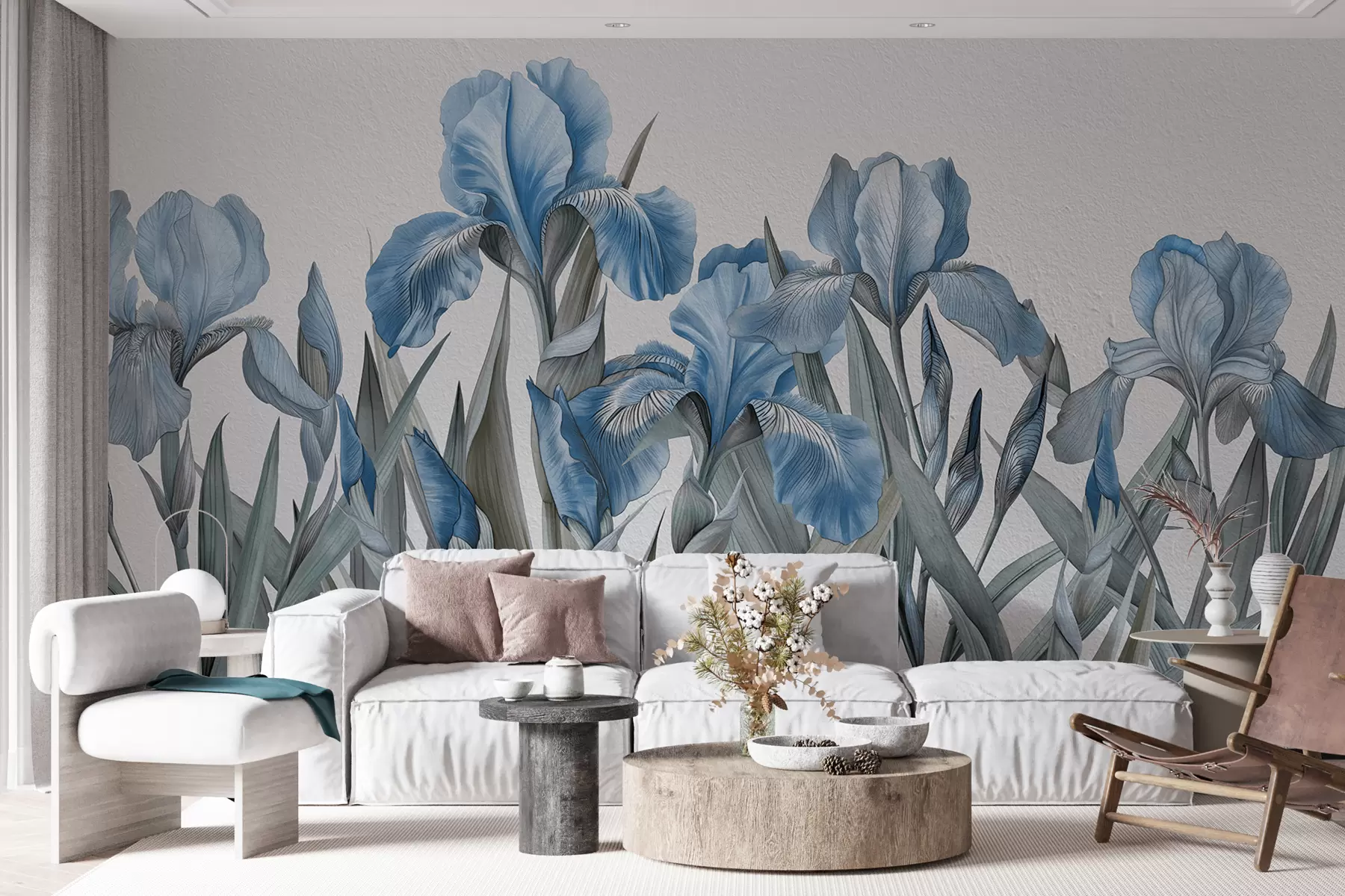Papier peint Grands iris bleus peints sur un mur de béton blanc w07949v4