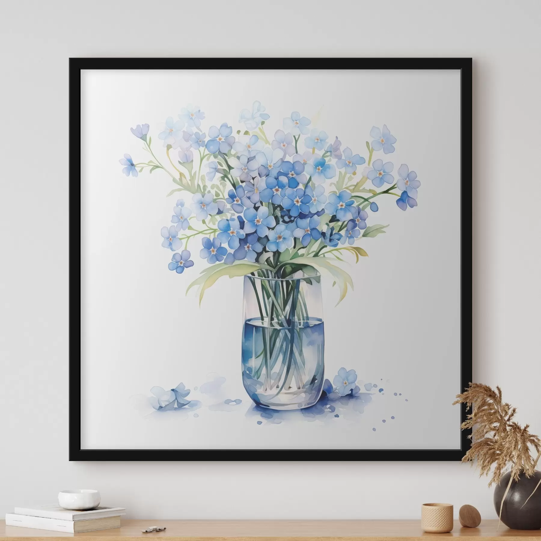 Papier peint Bouquet de fleurs bleues en aquarelle transparente dans un vase f39564