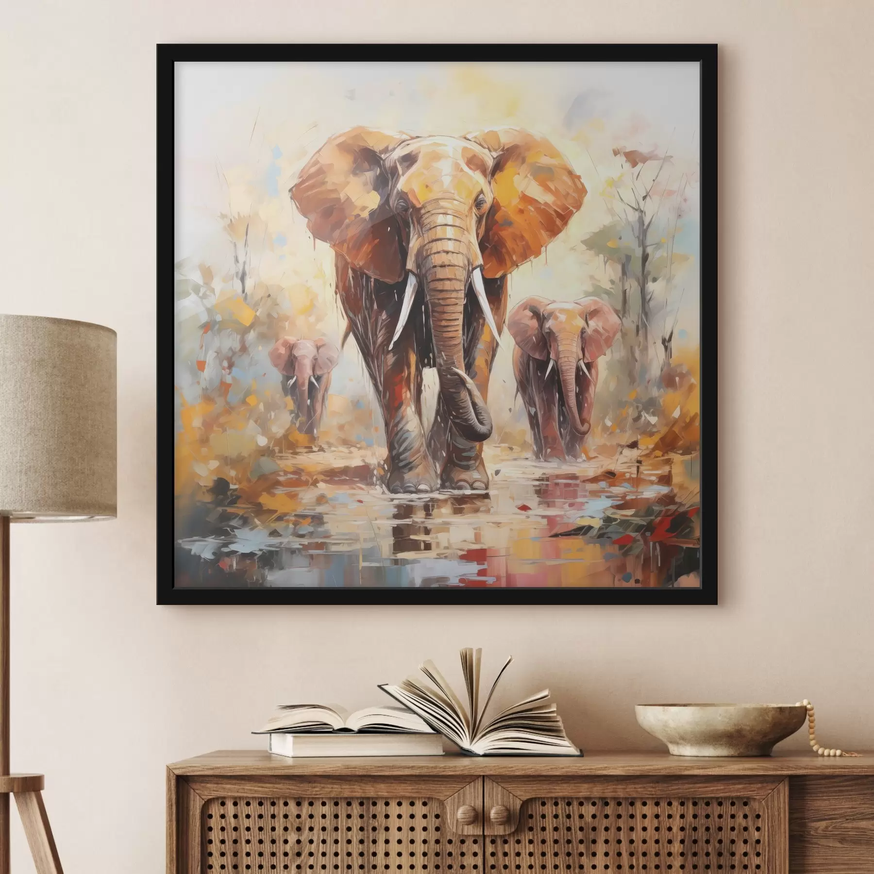 Papier peint Troupeau d'éléphants dans la savane, peinture à l'huile, art abstrait f39573