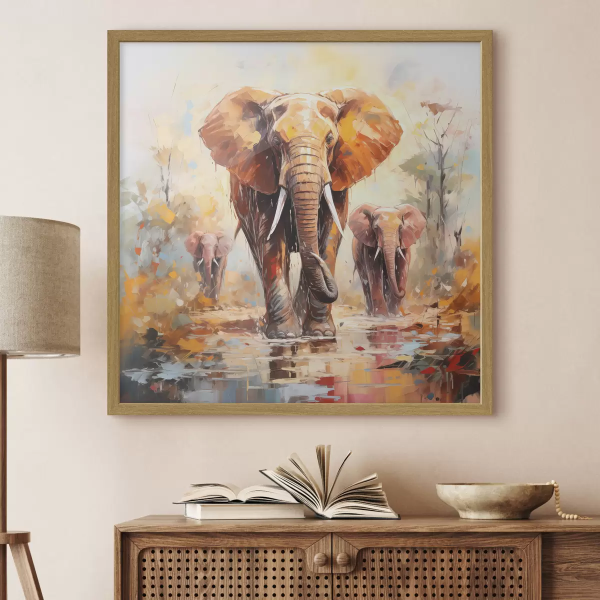 Poster Troupeau d'éléphants dans la savane, peinture à l'huile, art abstrait f39573
