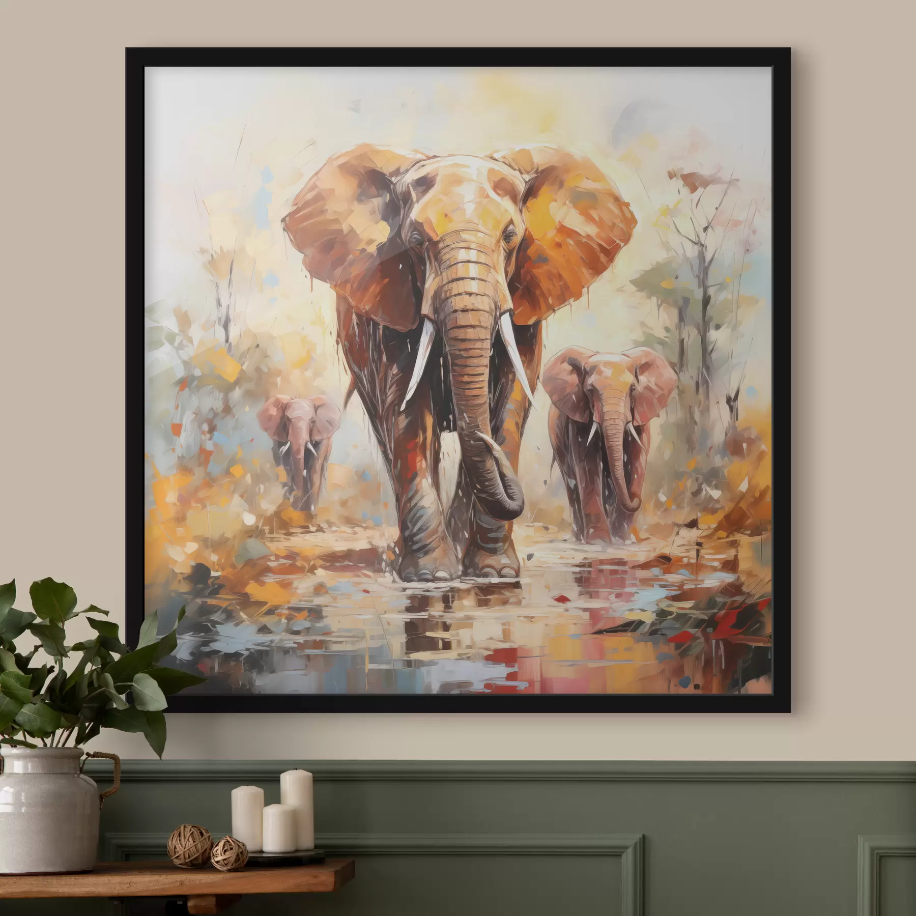 Papier peint Troupeau d'éléphants dans la savane, peinture à l'huile, art abstrait f39573