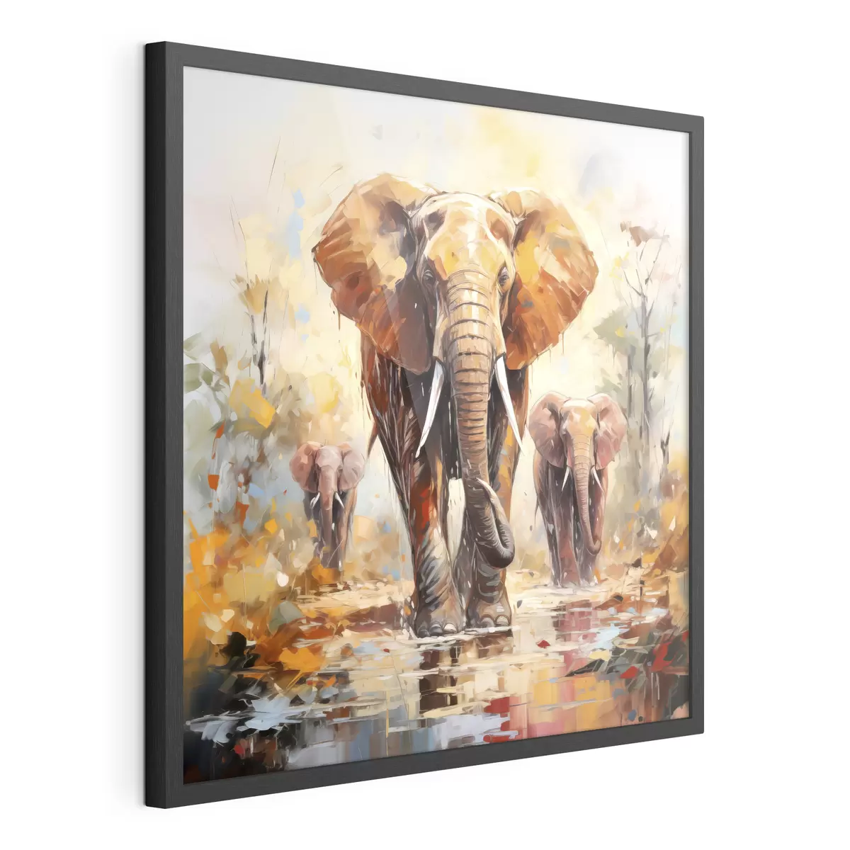 Poster Troupeau d'éléphants dans la savane, peinture à l'huile, art abstrait f39573