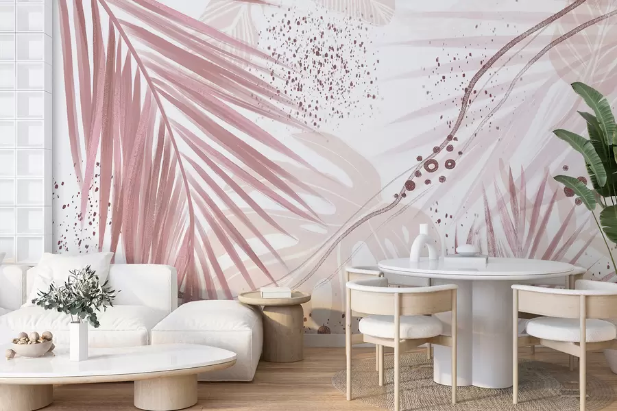 Papier peint Feuilles et frondes de palmier rose tropical, avec des formes abstraites et des éclaboussures dans les tons rose et blanc w07918v1