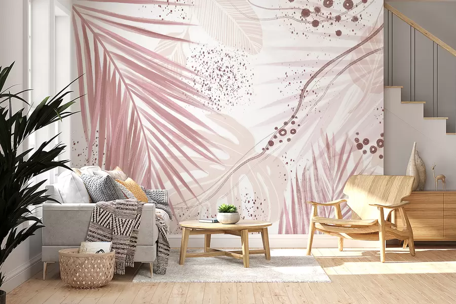 Papier peint Feuilles et frondes de palmier rose tropical, avec des formes abstraites et des éclaboussures dans les tons rose et blanc w07918v1