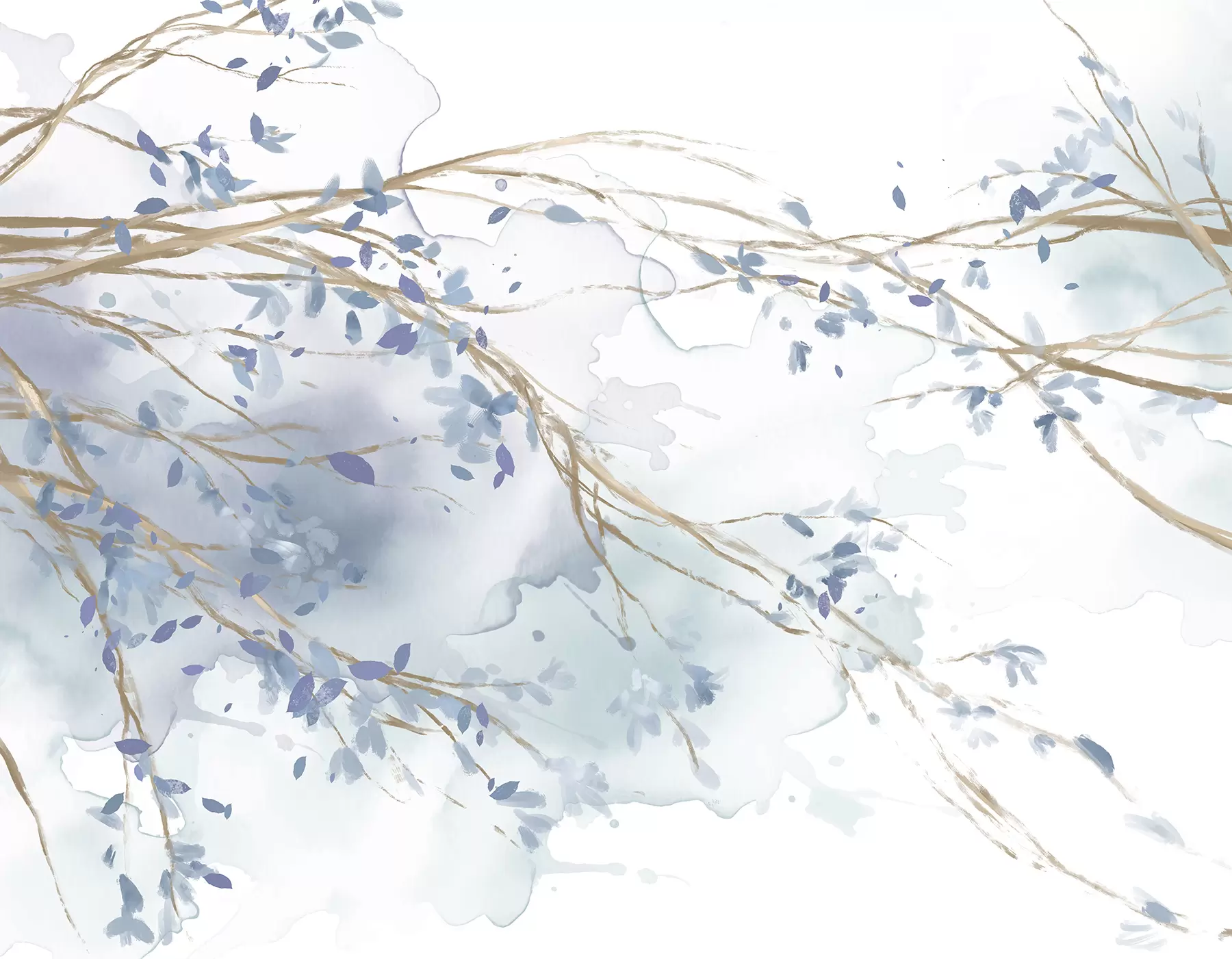 Papier peint Branches florales bleues et blanches délicates avec fond aquarelle doux et flou w07919