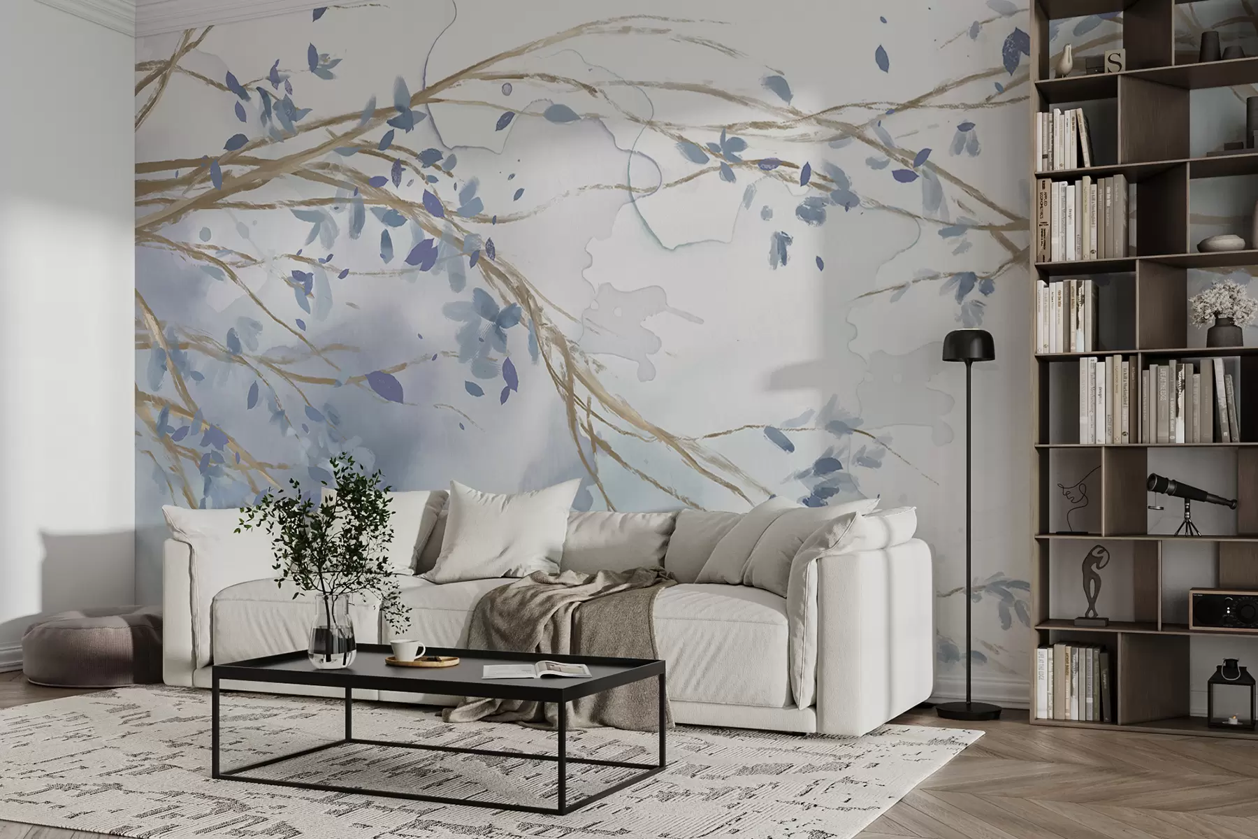 Papier peint Branches florales bleues et blanches délicates avec fond aquarelle doux et flou w07919