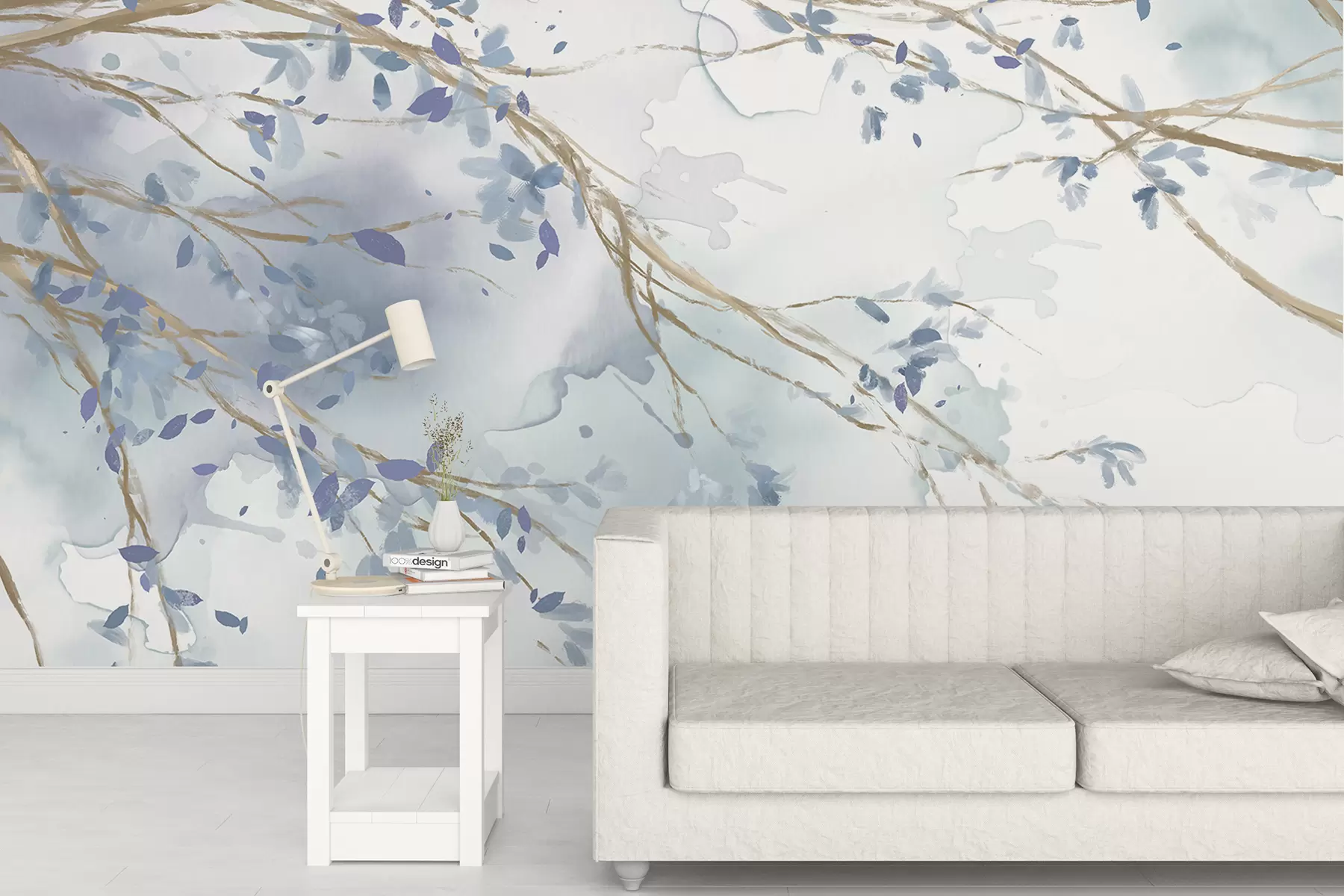 Papier peint Branches florales bleues et blanches délicates avec fond aquarelle doux et flou w07919