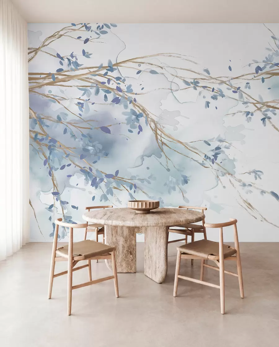 Papier peint Branches florales bleues et blanches délicates avec fond aquarelle doux et flou w07919