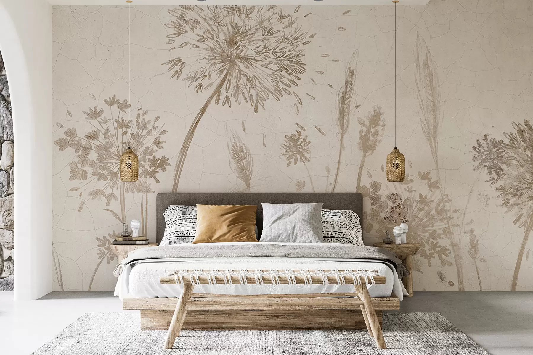 Papier peint Un champ de pissenlits et autres fleurs sauvages sur un fond doux et brumeux w07921