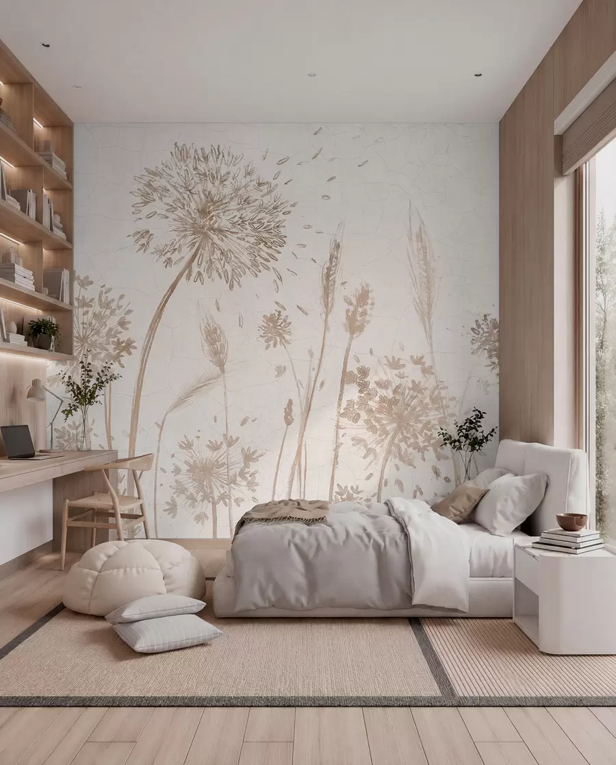 Papier peint Un champ de pissenlits et autres fleurs sauvages sur un fond doux et brumeux w07921
