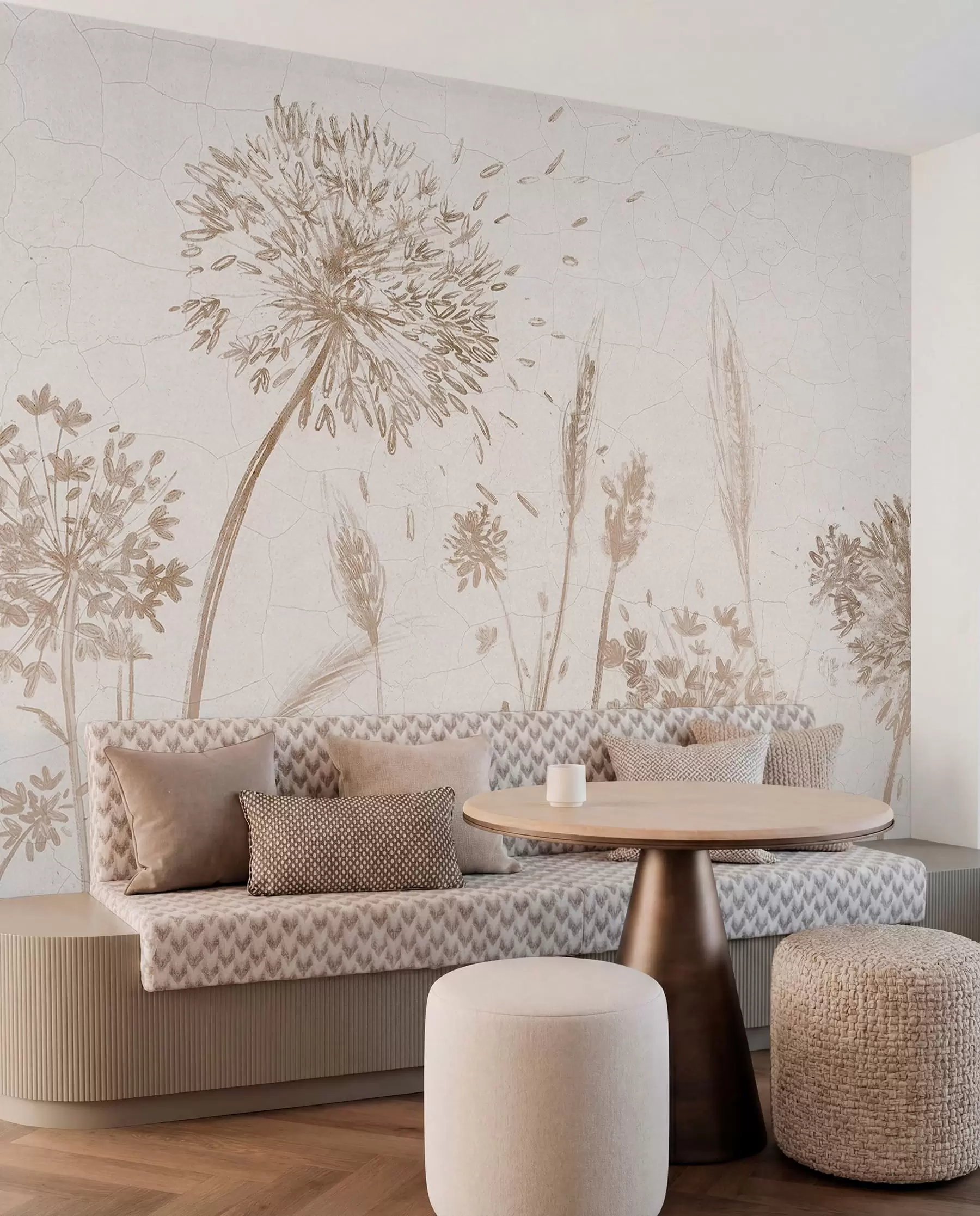 Papier peint Un champ de pissenlits et autres fleurs sauvages sur un fond doux et brumeux w07921