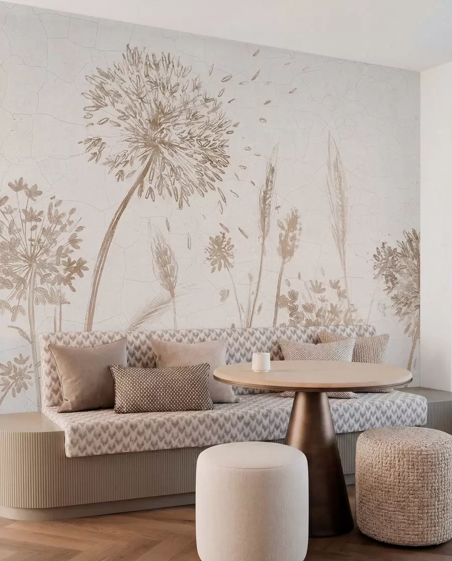 Papier peint Un champ de pissenlits et autres fleurs sauvages sur un fond doux et brumeux w07921