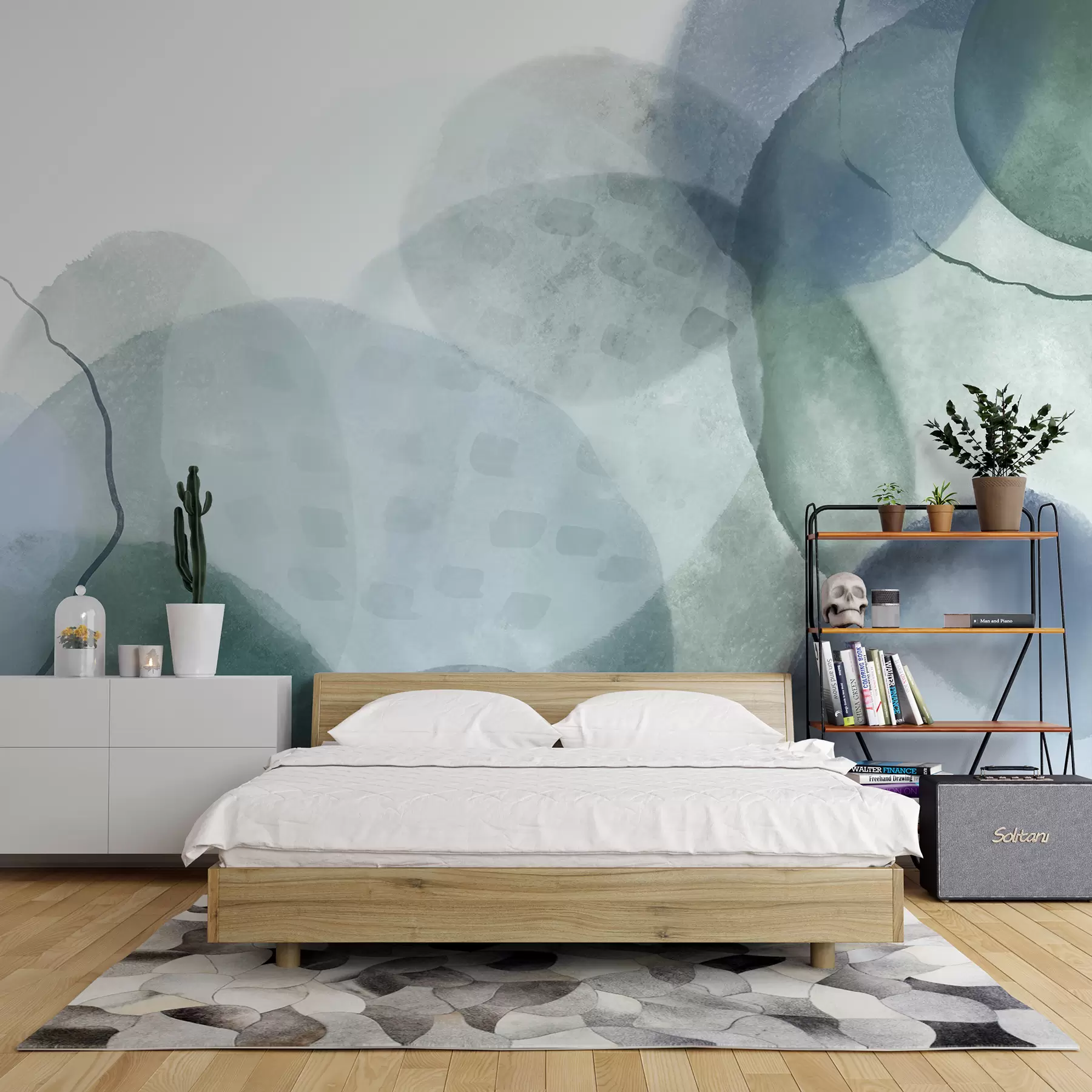 Papier peint Formes abstraites douces et aquarelles dans des tons de bleu, vert et blanc w07926